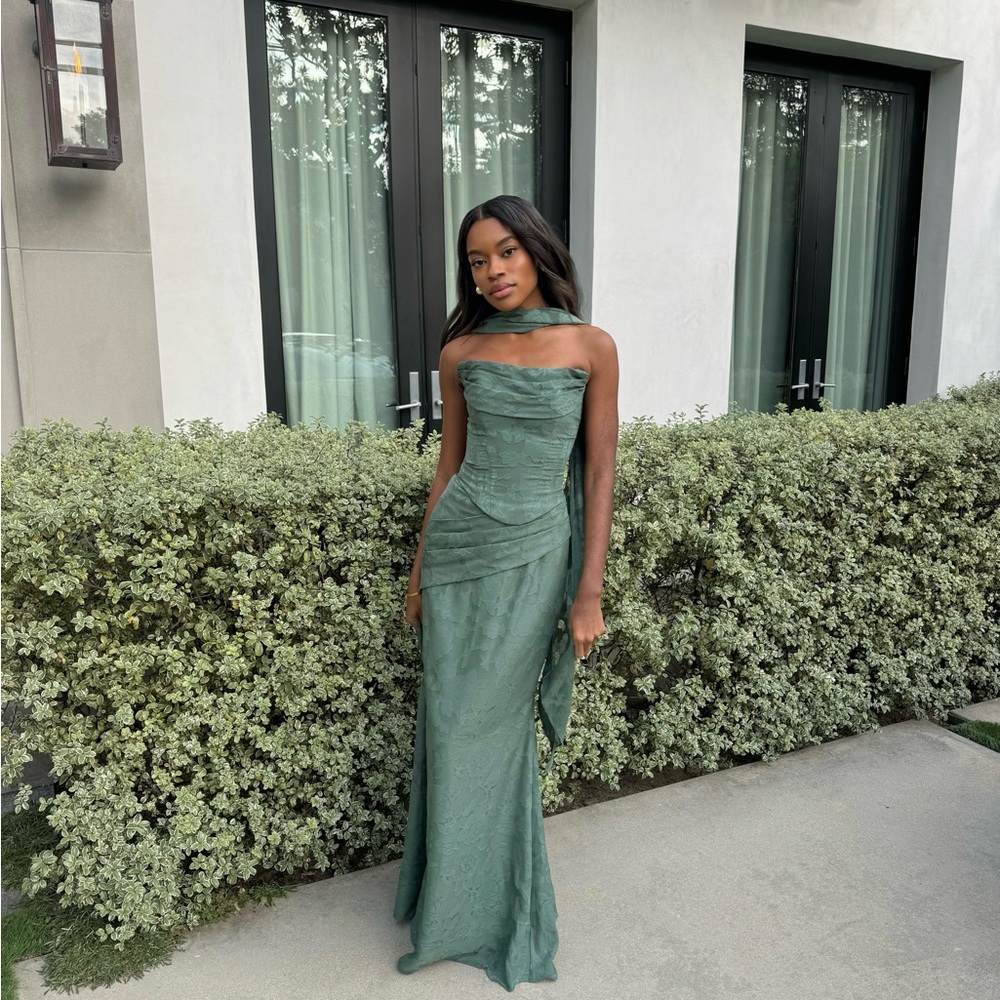 Azazie Emerald Green Strapless Maxi Gown with Scarf